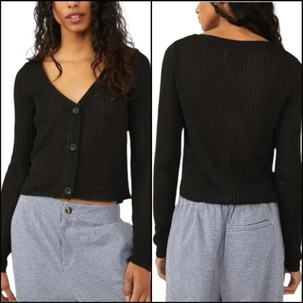 Free People‎ Game On Ribbed Cardigan Size XS Black Basic Staple Minimalist
